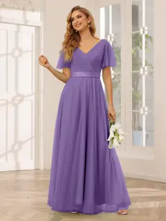 A-Line/Princess V-Neck Short Sleeves Floor-Length Long Bridesmaid Dresses with Lace — view 43