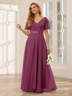 A-Line/Princess V-Neck Short Sleeves Floor-Length Long Bridesmaid Dresses with Lace — view 44