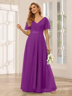 A-Line/Princess V-Neck Short Sleeves Floor-Length Long Bridesmaid Dresses with Lace — view 45