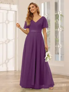 A-Line/Princess V-Neck Short Sleeves Floor-Length Long Bridesmaid Dresses with Lace — view 46