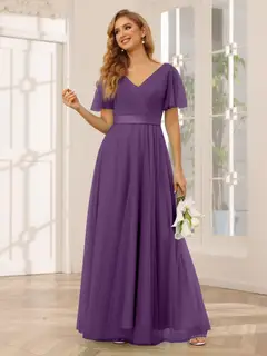 A-Line/Princess V-Neck Short Sleeves Floor-Length Long Bridesmaid Dresses with Lace — view 47