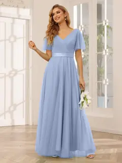 A-Line/Princess V-Neck Short Sleeves Floor-Length Long Bridesmaid Dresses with Lace — view 49