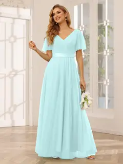 A-Line/Princess V-Neck Short Sleeves Floor-Length Long Bridesmaid Dresses with Lace — view 50
