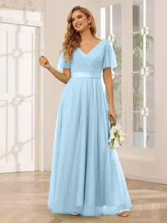 A-Line/Princess V-Neck Short Sleeves Floor-Length Long Bridesmaid Dresses with Lace — view 51