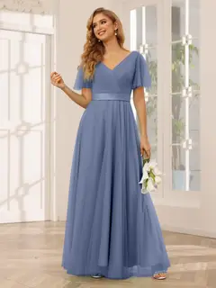 A-Line/Princess V-Neck Short Sleeves Floor-Length Long Bridesmaid Dresses with Lace — view 52