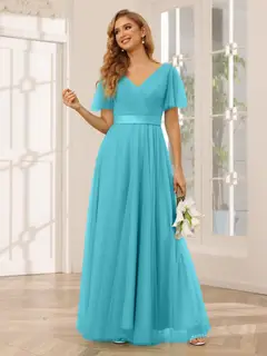 A-Line/Princess V-Neck Short Sleeves Floor-Length Long Bridesmaid Dresses with Lace — view 53