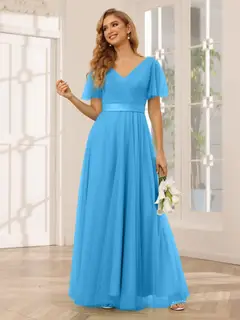 A-Line/Princess V-Neck Short Sleeves Floor-Length Long Bridesmaid Dresses with Lace — view 54