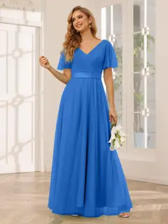 A-Line/Princess V-Neck Short Sleeves Floor-Length Long Bridesmaid Dresses with Lace — view 55