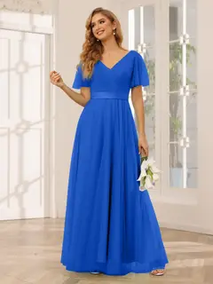 A-Line/Princess V-Neck Short Sleeves Floor-Length Long Bridesmaid Dresses with Lace — view 56