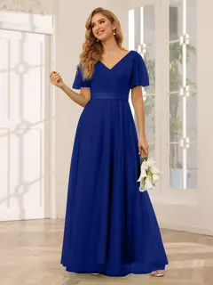 A-Line/Princess V-Neck Short Sleeves Floor-Length Long Bridesmaid Dresses with Lace — view 57