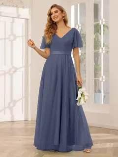 A-Line/Princess V-Neck Short Sleeves Floor-Length Long Bridesmaid Dresses with Lace — view 58