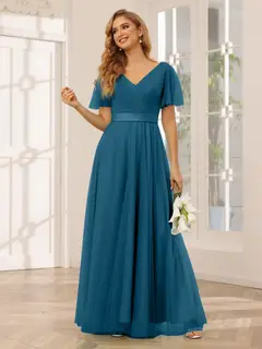 A-Line/Princess V-Neck Short Sleeves Floor-Length Long Bridesmaid Dresses with Lace — view 59