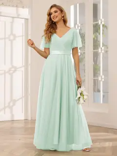 A-Line/Princess V-Neck Short Sleeves Floor-Length Long Bridesmaid Dresses with Lace — view 61