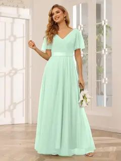 A-Line/Princess V-Neck Short Sleeves Floor-Length Long Bridesmaid Dresses with Lace — view 62