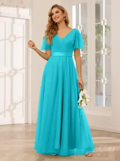 A-Line/Princess V-Neck Short Sleeves Floor-Length Long Bridesmaid Dresses with Lace — view 64