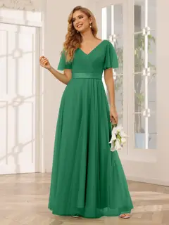 A-Line/Princess V-Neck Short Sleeves Floor-Length Long Bridesmaid Dresses with Lace — view 65