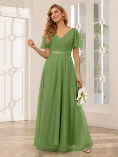 A-Line/Princess V-Neck Short Sleeves Floor-Length Long Bridesmaid Dresses with Lace — view 66