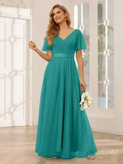 A-Line/Princess V-Neck Short Sleeves Floor-Length Long Bridesmaid Dresses with Lace — view 67