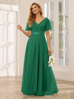 A-Line/Princess V-Neck Short Sleeves Floor-Length Long Bridesmaid Dresses with Lace — view 68