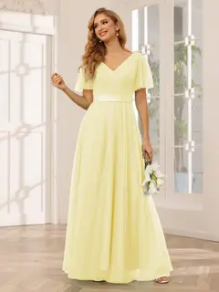 A-Line/Princess V-Neck Short Sleeves Floor-Length Long Bridesmaid Dresses with Lace — view 69