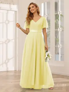 A-Line/Princess V-Neck Short Sleeves Floor-Length Long Bridesmaid Dresses with Lace — view 70
