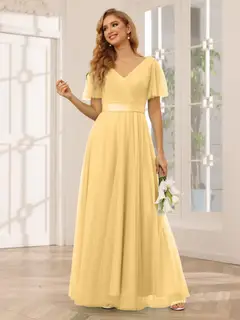A-Line/Princess V-Neck Short Sleeves Floor-Length Long Bridesmaid Dresses with Lace — view 71