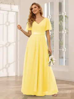 A-Line/Princess V-Neck Short Sleeves Floor-Length Long Bridesmaid Dresses with Lace — view 72