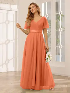 A-Line/Princess V-Neck Short Sleeves Floor-Length Long Bridesmaid Dresses with Lace — view 73
