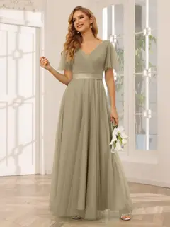 A-Line/Princess V-Neck Short Sleeves Floor-Length Long Bridesmaid Dresses with Lace — view 74