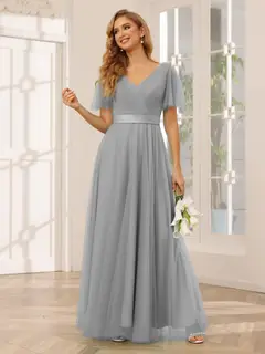 A-Line/Princess V-Neck Short Sleeves Floor-Length Long Bridesmaid Dresses with Lace — view 75