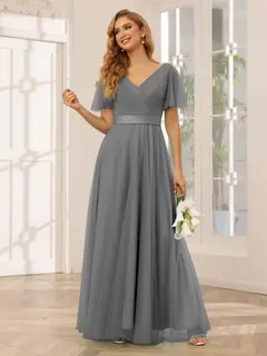 A-Line/Princess V-Neck Short Sleeves Floor-Length Long Bridesmaid Dresses with Lace — view 76