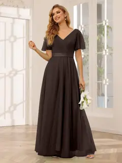 A-Line/Princess V-Neck Short Sleeves Floor-Length Long Bridesmaid Dresses with Lace — view 77