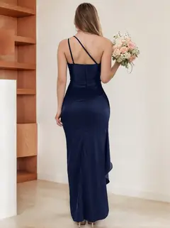 Sheath/Column One-Shoulder Sleeveless Ruched Floor-Length Bridesmaid Dresses with Slit & Ruffles — view 4