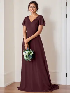 A-Line/Princess V-Neck Flutter Sleeves Floor-Length Bridesmaid Dresses with Ruching — view 1