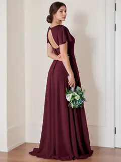 A-Line/Princess V-Neck Flutter Sleeves Floor-Length Bridesmaid Dresses with Ruching — view 2