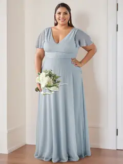 A-Line/Princess V-Neck Flutter Sleeves Floor-Length Bridesmaid Dresses with Ruching — view 3