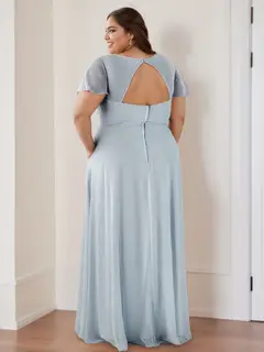 A-Line/Princess V-Neck Flutter Sleeves Floor-Length Bridesmaid Dresses with Ruching — view 4