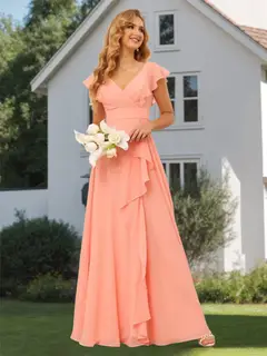 A-Line/Princess V Neck Short Sleeve Floor Length Bridesmaid Dresses With Ruffled Split — view 1