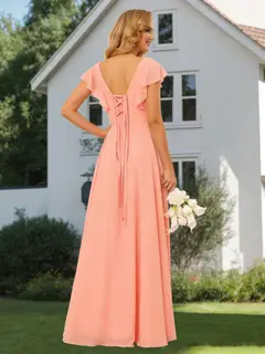 A-Line/Princess V Neck Short Sleeve Floor Length Bridesmaid Dresses With Ruffled Split — view 2