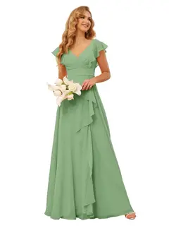 A-Line/Princess V Neck Short Sleeve Floor Length Bridesmaid Dresses With Ruffled Split — view 3