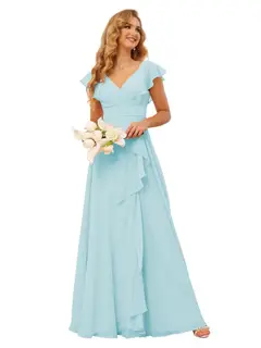 A-Line/Princess V Neck Short Sleeve Floor Length Bridesmaid Dresses With Ruffled Split — view 4