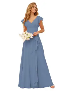A-Line/Princess V Neck Short Sleeve Floor Length Bridesmaid Dresses With Ruffled Split — view 5