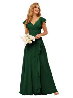 A-Line/Princess V Neck Short Sleeve Floor Length Bridesmaid Dresses With Ruffled Split — view 6