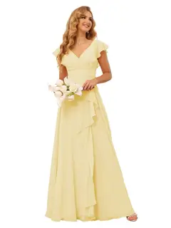 A-Line/Princess V Neck Short Sleeve Floor Length Bridesmaid Dresses With Ruffled Split — view 7