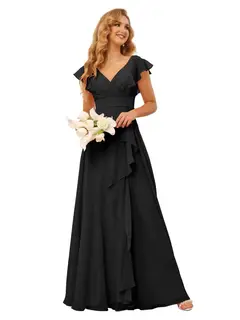 A-Line/Princess V Neck Short Sleeve Floor Length Bridesmaid Dresses With Ruffled Split — view 9