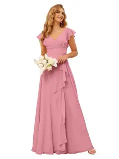 A-Line/Princess V Neck Short Sleeve Floor Length Bridesmaid Dresses With Ruffled Split — view 10