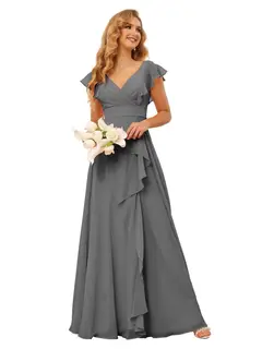A-Line/Princess V Neck Short Sleeve Floor Length Bridesmaid Dresses With Ruffled Split — view 11