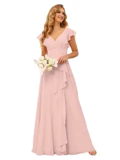 A-Line/Princess V Neck Short Sleeve Floor Length Bridesmaid Dresses With Ruffled Split — view 12