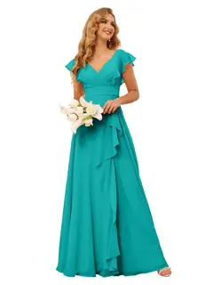 A-Line/Princess V Neck Short Sleeve Floor Length Bridesmaid Dresses With Ruffled Split — view 13
