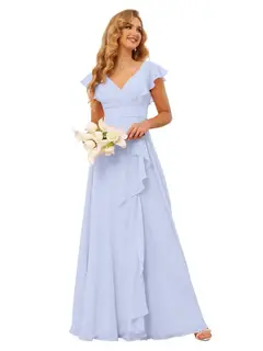 A-Line/Princess V Neck Short Sleeve Floor Length Bridesmaid Dresses With Ruffled Split — view 14